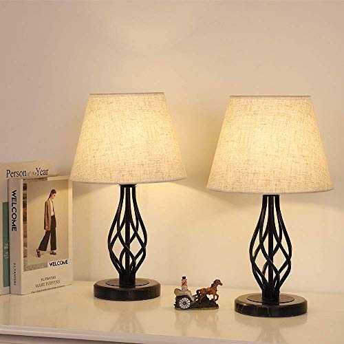 HAITRAL Bedside Table Lamps Set of 2, Modern Nightstand Lamp, Marble Base & Linen Fabric Shade for Bedroom, Living Room, Office