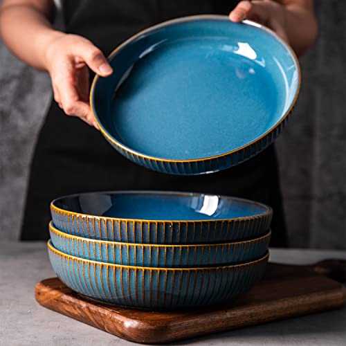 Pasta Plate Ceramic Large Soup Plate or Dinner Plate, Premium Porcelain, 21 cm, Blue (4PCS)…
