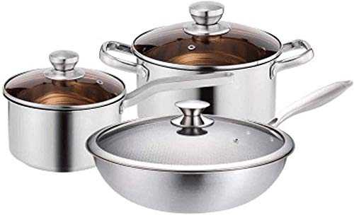 TYX-SS Cookware Set for Gas, Electric and Stovetop 3pcs/set Stainless Steel Cookware Set Flat Bottom Frying Pan Soup Pot Milk Pot Kit