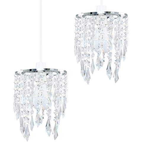 Pair of - Chandelier Design Ceiling Pendant Light Shades with Clear Acrylic Jewel Effect Droplets