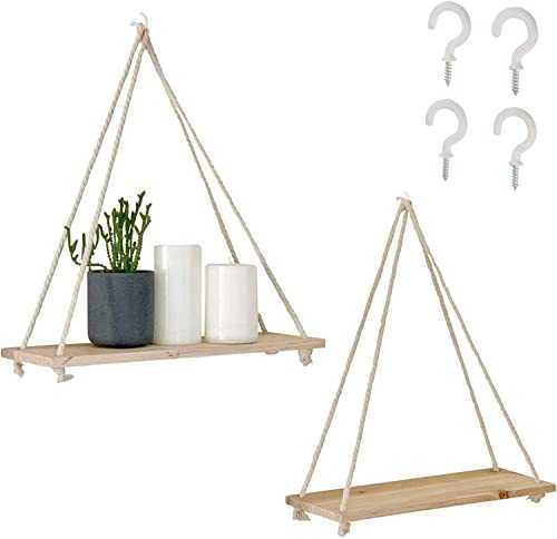 Wooden Floating Wall Shelf (Set of 2), Light Wood Hanging Shelves with Macrame Swing Rope, Triangle String Rope Boho Wall Decor Shelf, Handcrafted Natural Shelves with Hooks for Wall (16x5x0.5 inches)