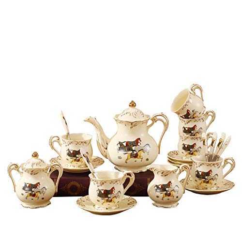 EURYTKS Porcelain Tea Sets European tea set with tray Ceramic English afternoon tea coffee cup saucer set with upscale tea kettle (Color : 15 PIECES SET)
