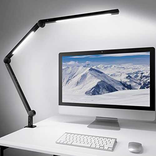LED Desk Lamp, Dual Light Source Desk Light with Clamp, Dimmable 4 Color Modes & 4 Brightness Swing Arm Lamp, Eye-Caring Clip-on Architect Lamp with Memory Function for Work Study Home Office