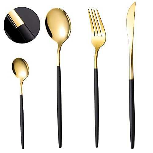 COPOTI Black and Gold Cutlery,Black Handle 24 Piece Knife Fork Spoon Set，Elegant Life 6 Person Dinner Set,Dishwasher Safe Cutlery,with Gift Box.
