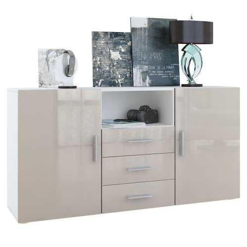 Vladon Sideboard Chest of Drawers Skadu, Carcass in White matt/Fronts in Sand grey High Gloss