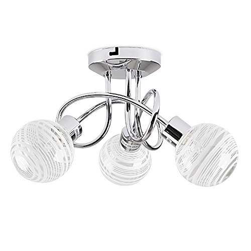 Modern 3 Way Polished Chrome Flush Curved Arm Ceiling Light with Beautiful Clear and Frosted Glass Circular Ring Design Globe Shades