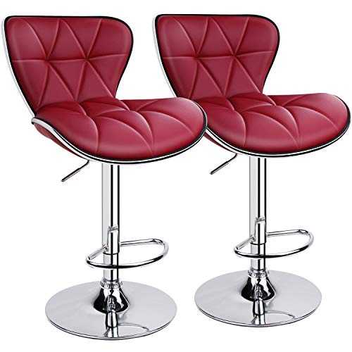 Leopard Shell Back Adjustable Swivel Bar Stools, PU Leather Padded with Back, Set of 2 (Wine Red)?