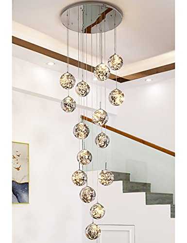 Gweat 15 Glass Balls Modern Staircase Chandelier Gypsophila Crystal Ceiling Light Long Large Pendant Light Shade Apply for Stairs,Hallway,Living Room,Duplex Building,Villa(Smoky Gray)