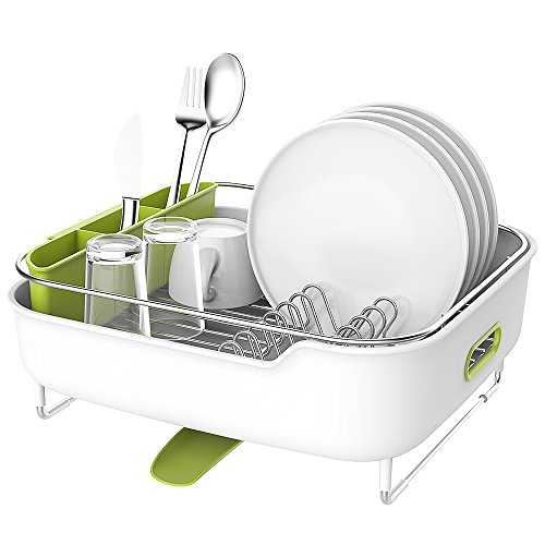 zova Premium Stainless Steel Dish Drying Rack with Swivel Spout, Dish Drainer Utensil Organizer for Kitchen– Medium, White &Green