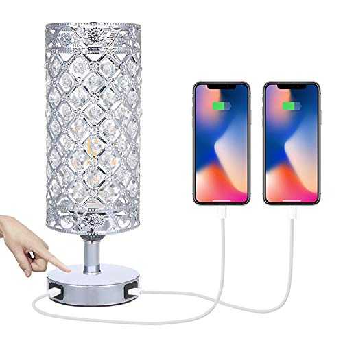 Tomshine Crystal Bedside Table Lamp Touch Control 3-Way Dimmable with Dual USB Charging Port Silver Table Lamps for Bedrooms, Lliving Room, Lounge (LED Bulb Included)