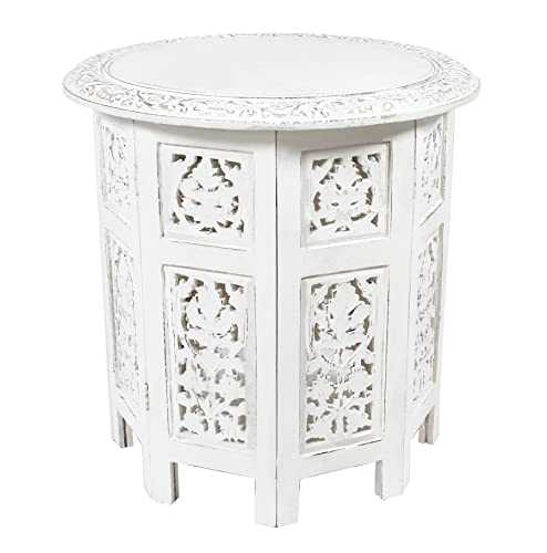 Cotton Craft Jaipur Solid Wood Handcrafted Carved Folding Accent Coffee Table - Antique White - 46 CM Round Top x 46 CM High