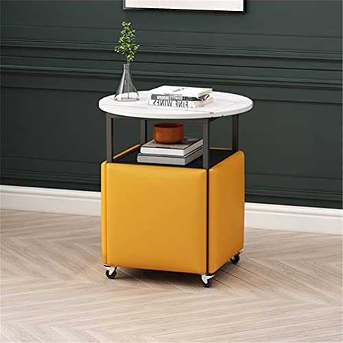 Movable Sofa Side Table, Round Shelf With 4 Stools And 4 Mute Wheels, 2-tier Storage End Coffee Table Bedside Tables Nightstand Space Save, Fashion Multi-function Furn(Size:white,Color:Yellow leather)