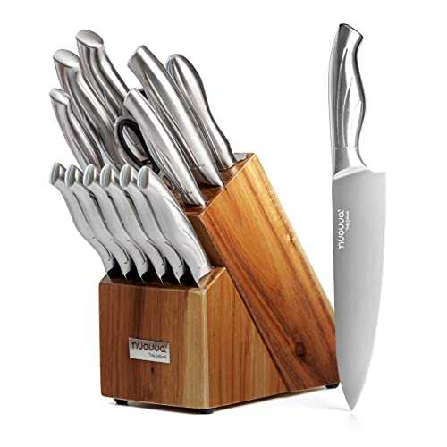 Kitchen Knife Block Set – 14-Piece Knife Set with Hardwood Block – Stainless Steel Blades – Hollow Knife Set for Chopping, Slicing, Dicing – by Nuovva