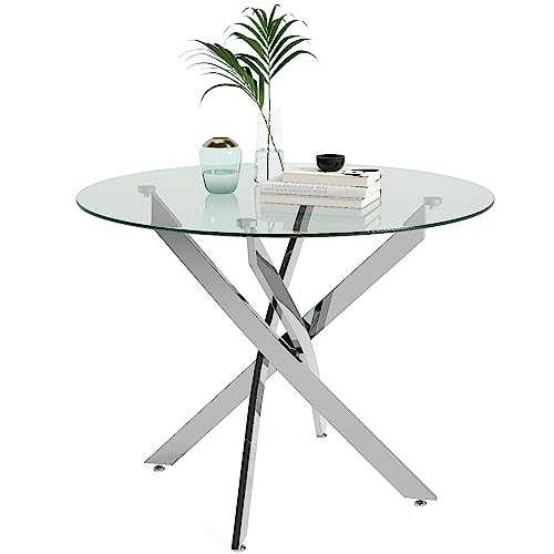 GOLDFAN Round Tempered Glass Dining Table Morden Kitchen Table with Chromed Legs Chrome for Dining Room (Table Only)