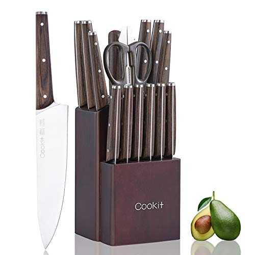 COOKIT Knife Block Set with Knives, 15 Piece Kitchen Knife Sets with Wood Block, German Stainless Steel Professional Chef Knives, Steak Knives, Meat Scissors, Knife Sharpener