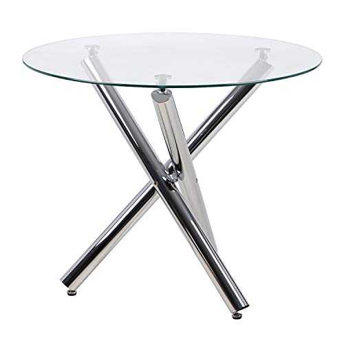 jeffordoutlet Round Dining Table, 90 cm Glass Safe Table Top with Chrome Stylish Stable Table Legs,Kitchen Table