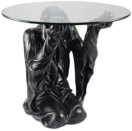 Middle-England 54cm Grim Reaper Coffee Table Round Glass Top Polystone Statue Gothic Halloween