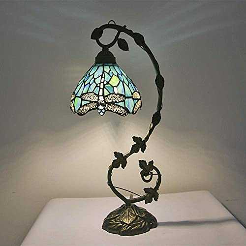 DFBGL Tiffany Lamp Stained Glass Table Desk Reading Light Crystal Bead Sea Blue Dragonfly Style Shade Living Room Bedroom Coffee Bar