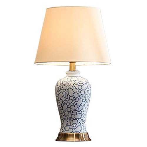 Wrought Iron Table Lamp American Blue and White Porcelain Ceramic Table Lamp Bedroom Bedside Lamp Creative Simple LED Lamp Fabric Lampshade Metal Base Bedside Table Lamp