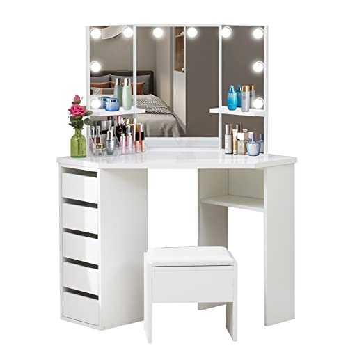 TUKAILAi White Dressing Table Set with Hollywood RGB LED Lights Corner Curved Makeup Desk with 5 Drawer 3 Mirror and Stool Makeup Vanity Table Bedroom Furniture