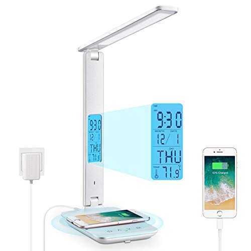 LAOPAO LED Desk Lamp with 10W Wireless Charging and USB Charging Port, 3 Colour Temperatures, 3 Brightness Levels,Touch Control, Time,Temperature,Clock Function for Home Office [White]