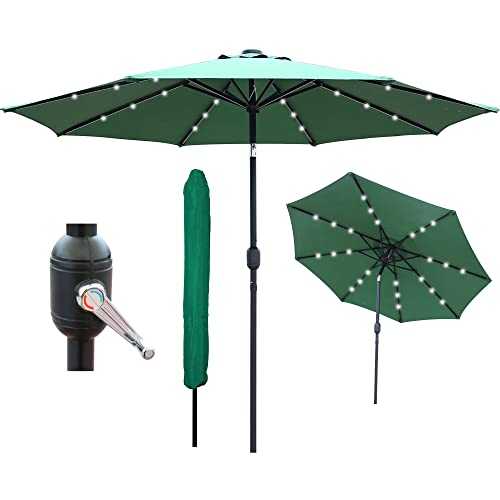 GlamHaus Garden Parasol Tilting Table Umbrella 2.7m UV 40+ Protection with Solar LED Lights, Additional Parasol Protection Cover, Crank Handle for Outdoors, Gardens and Patios (Green)