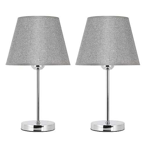 Table Lamps for Living Room Modern, Table Lamps for Bedroom Set of 2, Grey Bedside Table Lamps with Silver Metal Base & E27 Blub Base Nightstand Lamps for Home, Grey 2 Pack