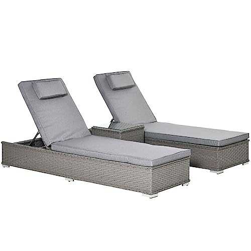 Outsunny 3PC Rattan Sun Lounger Garden Outdoor Wicker Recliner Bed Side Table 2 Seater Set Patio Furniture - Grey