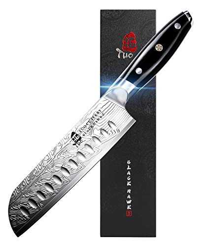 TUO Santoku Knife Japanese Kitchen Knife 7 inch Japanese Chef Knife Sushi Knife Water Flow Pattern Blade German High Carbon Stainless Steel Kitchen Knife- G10 Full Tang Handle-Black Hawk S Series