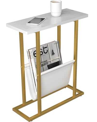 Yusong Small Narrow Side Table for Small Spaces, Slim End Table Magazine Table Nightstand with Storage Holder, Accent Skinny Snack Couch Bedside Table, Gold