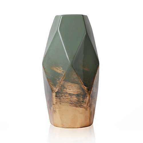 TERESA'S COLLECTIONS Green Gold Modern Geometric Ceramic Vase, Decorative Glazed Vase for Home Decor, Handmade Vase for Living Room, Bedroom and Mantel, 20cm Tall