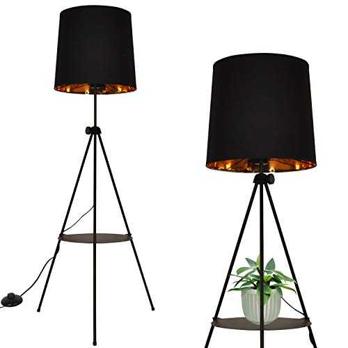 Contemporary Black Gold Shade Tripod Floor Lamp with Shelves - Modern Vintage Mid Century Design Standing Light with Metal Legs - Adjustable Height Reading Table Light for Living Room Bedside Office