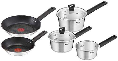Tefal B906S544 Simpleo Stainless Steel, 5 Piece Pots Set, 14 cm Milkpan, 16 cm/18 cm Saucepans with Lids, 20/24 cm Frying Pans