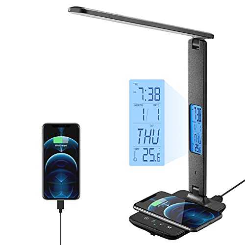 Poukaran Desk Lamp, LED Desk Lamp with Wireless Charger, USB Charging Port, Table Lamp with Clock/ Alarm/ Date/ Temperature, Office Lamp, Desk Light, Desk Lamps for Home Office