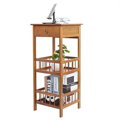 3-Tier Wood Side End Table with Drawer Durable Eco-friendly Bamboo Plant Table with Drawer Telephone Table for Hallway Vintage Side Table Unit Holder for Living Room Artwork Placement,Indoor Plant