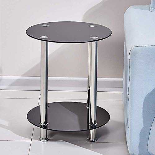BOJU Modern Sofa Coffee Side Table Small for Living Room Black Glass Round End Table for Tea Snack Table with Storage 2 Tiers for Bedroom Corner