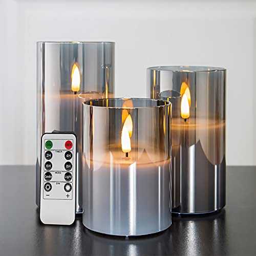 Eywamage Silver Grey Glass Flameless Flickering Candles with Remote, 3 Pack Realistic LED Fake Candles ∅ 3" H 4" 5" 6"