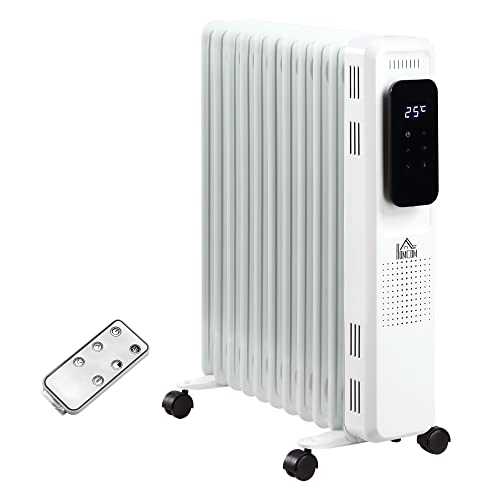 HOMCOM 2720W Oil Filled Radiator 11 Fin Portable Electric Heater w/ LED Display 24Hrs Timer Three Heat Settings Adjustable Thermostat Safety Cut off Remote Control-White