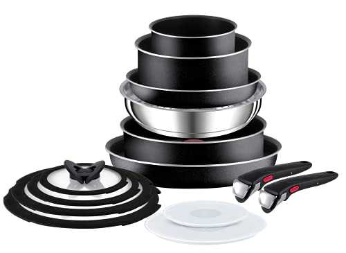 Tefal Ingenio Essential Pots & Pans Set, 14 Pieces, Stackable, Removable Handle, Space Saving, Non-Stick, Black, L2009542