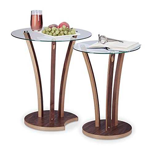 Relaxdays Round Side Table Set of 2, Glass Table with Wooden legs, 2 Small End Tables, Modern Design, 2 Sizes, Natural