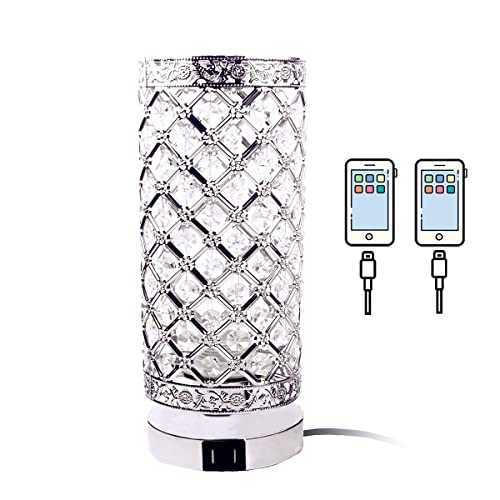 Crystal USB Table Lamps for Living Room Crystal Bedside Lamp Nightstand Light for Bedroom with Dual USB Charging Port