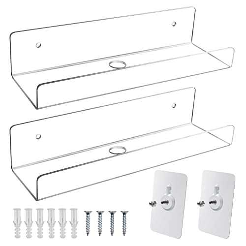 Mocoosy 2 Pack Acrylic Floating Shelves Clear Wall Mounted Shelf Small Picture Ledge Wall Display Shelf for Smart Speaker/Monitor, Invisible Spice Racks Wall Storage Shelves for Bathroom Office Home
