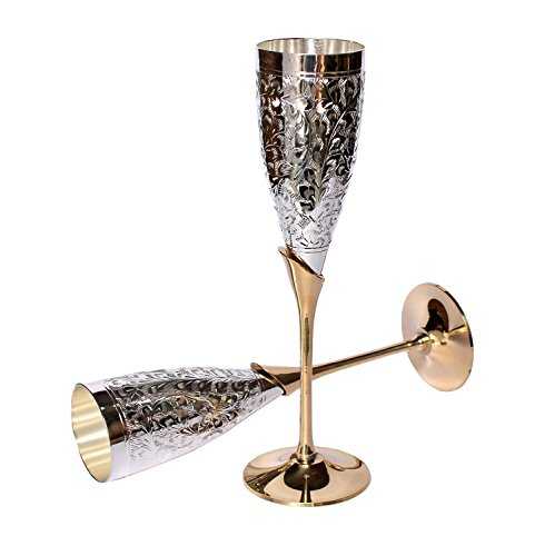 StonKraft Engraved Brass Goblet Champagne Glasses Flutes Coupes Wine Glass Set (Slender)