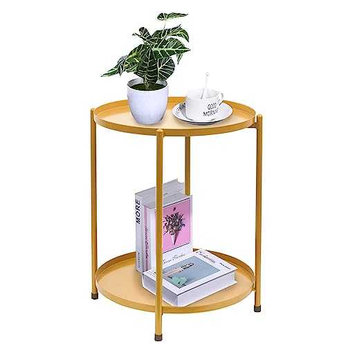 H JINHUI Round Metal Side Table End Table with Double Tier,Removable Tray,Sofa Side Snack Table Nightstand,Outdoor & Indoor Drink Snack Coffee Table,Anti-Rust and Waterproof (Golden)