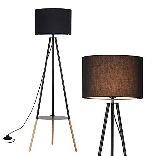 Modern Industrial Black Lampshade Tripod Floor Table Lamp with Wood Legs - Mid Century Standing Design Light with ON/Off Switch - Adjustable Tall Drum Lamp for Living Room Bedroom Kitchen Office