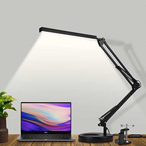 SKYLEO LED Desk Lamp with Clip and Base - Eye Protection Desk Lamps for Study - Swing Arm USB Desk Lamp Office - 3 Light Modes x 10 Brightness Levels - 12W - Black