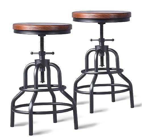 LOKKHAN Vintage Industrial Bar Stool-Rustic Swivel Bar Stool-Round Wood Metal Stool-Kitchen Counter Height Adjustable Pipe Stool-Cast Iron Stool 20-27 Inch,No Assembly Required(Set of 2)