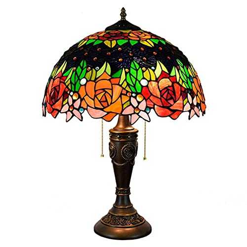 DFBGL Tiffany Table Lamp Pastoral Rose Flower Stained Glass Desk Light E27 Handmade Lampshade Resin Base Art Deco Bedside Night Light for Bedroom Living Room