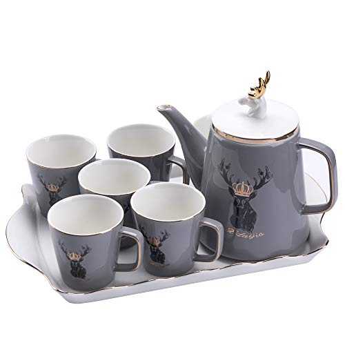 ufengke Black Deer Ceramics Tea set,Gray Porcelain Coffee Tea Set,One Coffee Pot,Set of Six Coffee Tea Cup with Tray