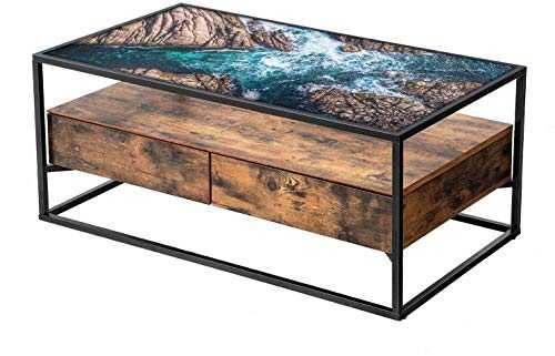 Printed Glass Rustic Coffee Table, Custom Unique Print, Furniture for Home Office Kitchen Bedroom - TP1